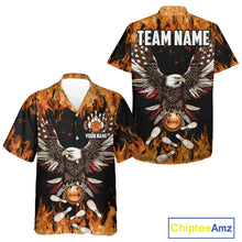 Load image into Gallery viewer, Orange flame Hawaiian bowling shirts Custom American flag Eagle Team bowling shirts, gift for bowlers NQS11189