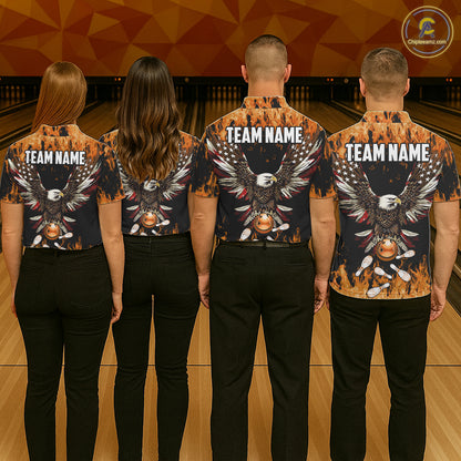 Orange flame Womens bowling shirts Custom American flag Eagle Team bowling shirts, gift for bowlers NQS11189