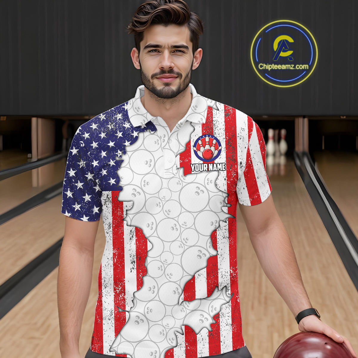 Personalized Red, White and Blue American Flag Bowling Team Shirts For Men, Patriotic Bowling Gifts NQS11197