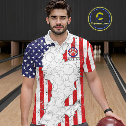 Personalized Red, White and Blue American Flag Bowling Team Shirts For Men, Patriotic Bowling Gifts NQS11197
