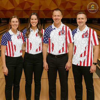 Personalized Red, White and Blue American Flag Bowling Team Shirts For Men, Patriotic Bowling Gifts NQS11197