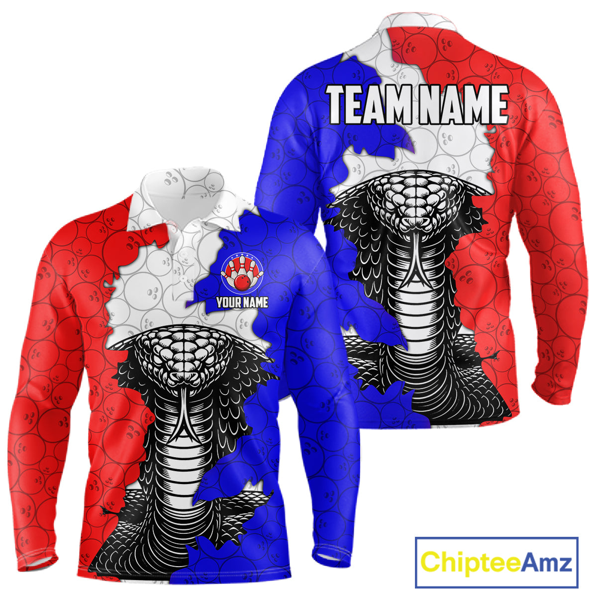 Personalized Red, White and Blue Cobra Snake Bowling Team Shirts For Men, Patriotic Bowling Jerseys NQS11198