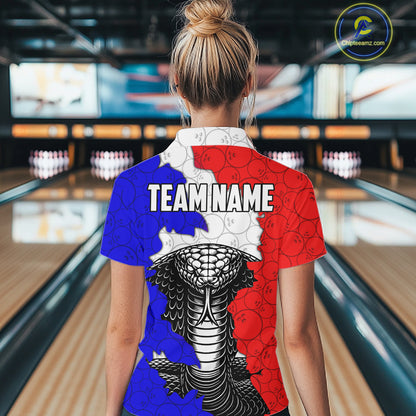 Personalized Red, White and Blue Cobra Snake Bowling Team Shirts For Women, Patriotic Bowling Jerseys NQS11198