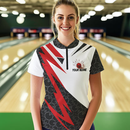Black and White Bowling Polo, Quarter Zip Shirt for Women Custom Lightning Team bowling jerseys | Red NQS9324