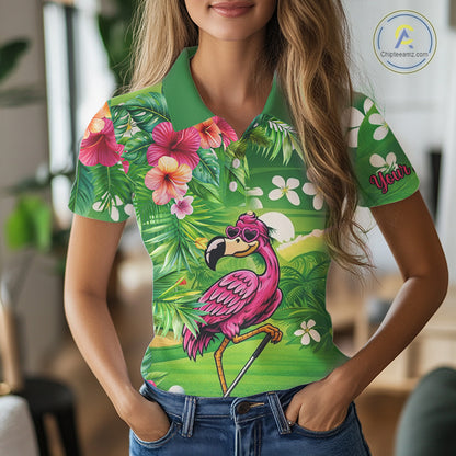 Personalized Green tropical flower flamingo golf polo shirt for Women custom team golf shirts NQS11399