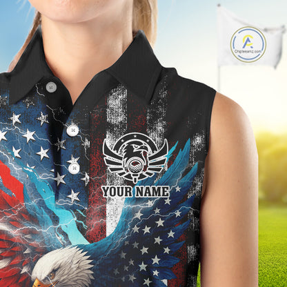 Personalized American Flag Eagle Lightning Thunder Sleeveless Golf Polo Shirt, Patriotic Golfing Gift NQS11717