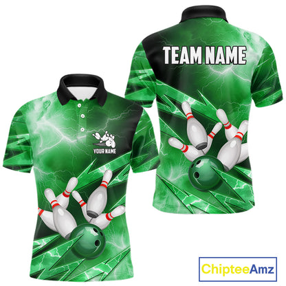 Green Storm Lightning Thunder Bowling Polo, Quarter Zip Shirt For Men Custom Bowling Team Jersey NQS11719