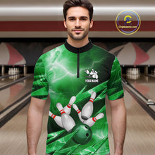 Load image into Gallery viewer, Green Storm Lightning Thunder Bowling Polo, Quarter Zip Shirt For Men Custom Bowling Team Jersey NQS11719