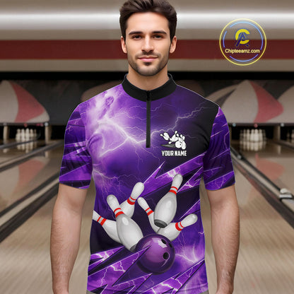 Purple Storm Lightning Thunder Bowling Polo, Quarter Zip Shirt For Men Custom Bowling Team Jersey NQS11720