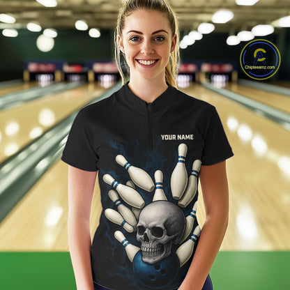 Black and Blue Skull Bowling Ball and Pins Bowling Shirts For Women Custom skull team bowling jerseys NQS9850
