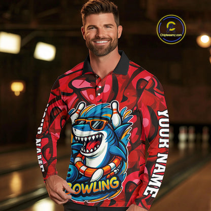 Funny Red Camo Shark Men Bowling Polo, Quarter Zip Shirts Custom Team Shark Bowling Outfit Jersey NQS10076