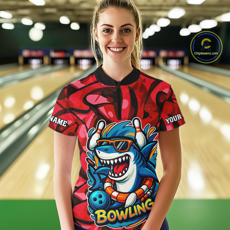 Funny Red Camo Shark Women Bowling Polo, Quarter Zip Shirts Custom Team Shark Bowling Outfit Jersey NQS10076