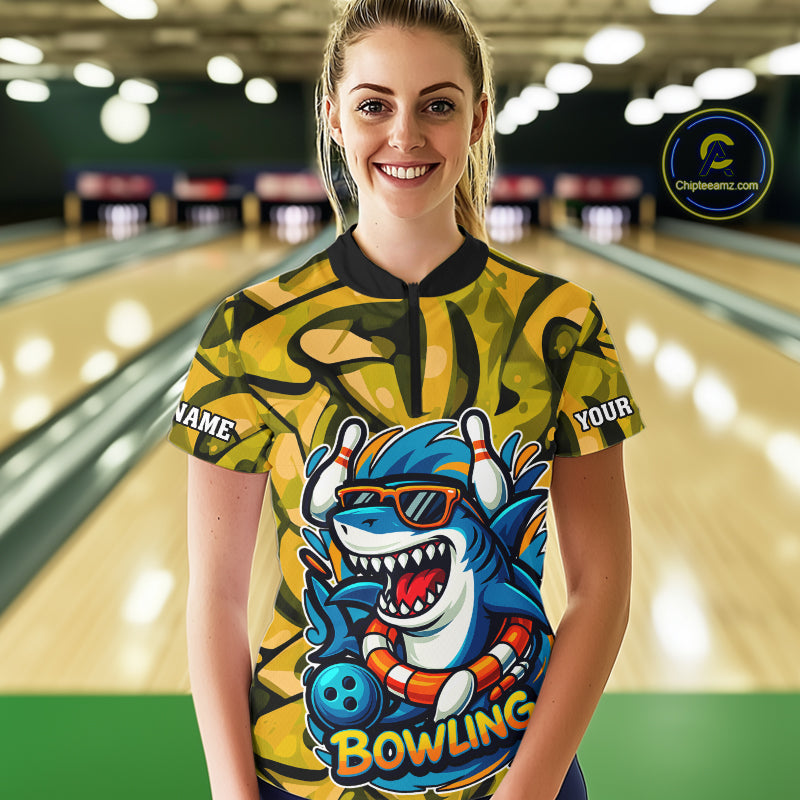 Funny Yellow Camo Shark Women Bowling Polo, Quarter Zip Shirt Custom Team Shark Bowling Outfit Jersey NQS10077