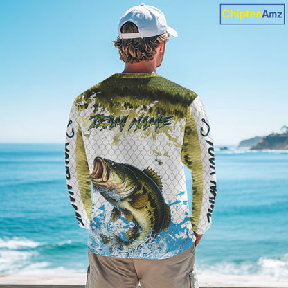 Largemouth bass fishing green scales UV protection custom hooded sun shirt, Bass fishing jerseys NQS10229