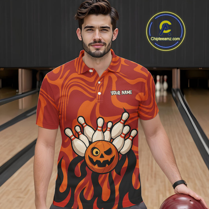 Orange camo flame Bowling polo, quarter zip shirts for men custom Halloween Bowling team jerseys NQS10395