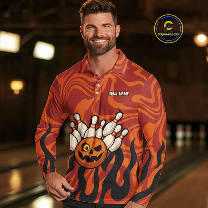 Orange camo flame Bowling polo, quarter zip shirts for men custom Halloween Bowling team jerseys NQS10395