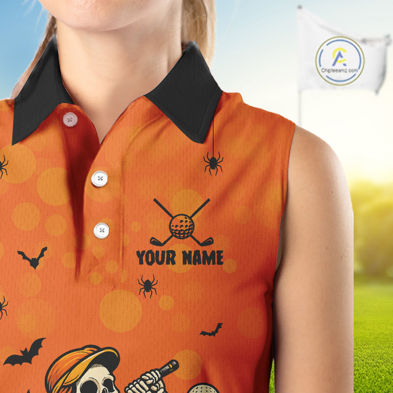 Custom Funny orange Golf skull Halloween Women Sleeveless Polos , Personalized Halloween golf outfit NQS10397