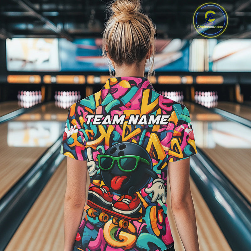 Funny colorful graffiti pattern Bowling Team Shirt For Women Custom Ladies Bowling Jersey NQS10823