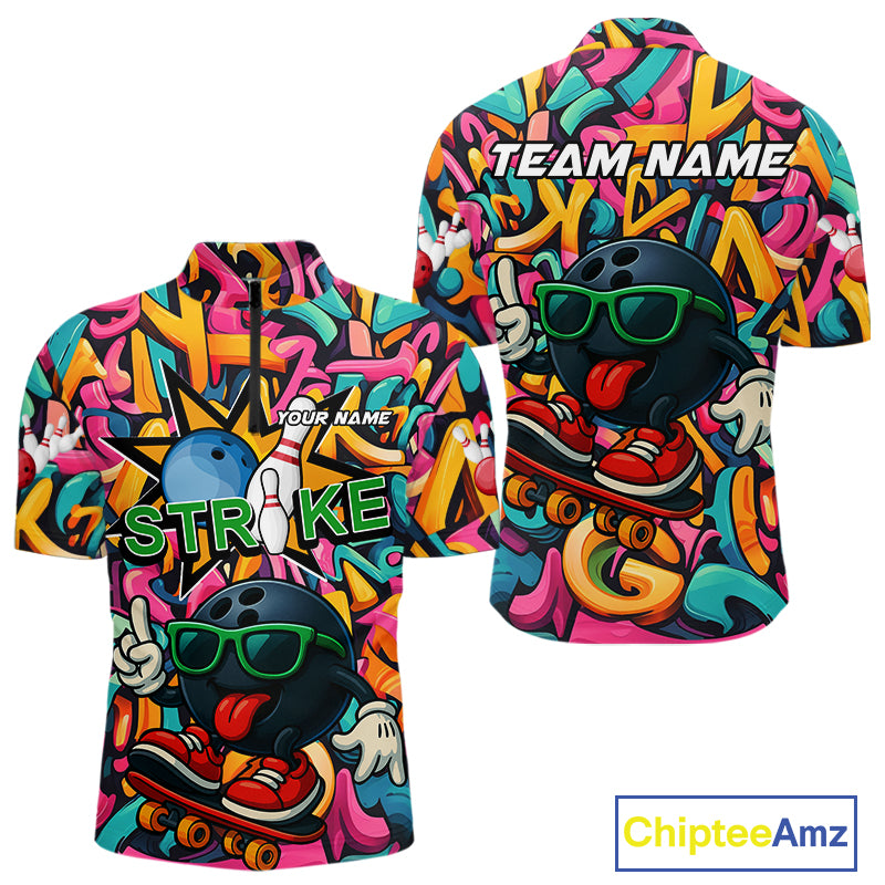 Funny colorful graffiti pattern Bowling Team Polo, 1/4 Zip Shirt For Men Custom Mens Bowling Jersey NQS10823