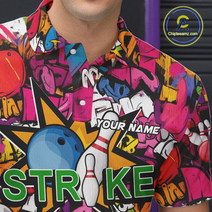 Funny pink graffiti pattern Bowling Team Polo, 1/4 Zip Shirt For Men Custom Mens Bowling Jersey NQS10824
