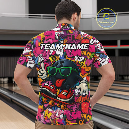 Funny pink graffiti pattern Bowling Team Polo, 1/4 Zip Shirt For Men Custom Mens Bowling Jersey NQS10824