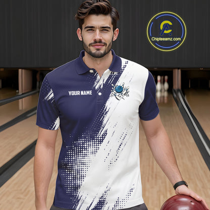 Custom Blue and White Strike Bowling Shirts Men Polo, Quarter Zip Bowling Team Jerseys Bowling League NQS10826