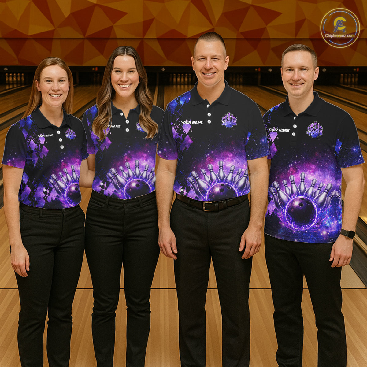 Purple Flame galaxy argyle Custom bowling polo shirts, 1/4 zip for women, team bowling league jerseys NQS11410
