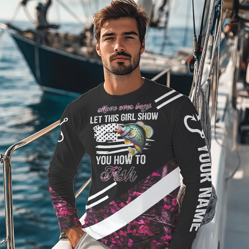 Move over boys let this girl show you how to fish Crappie fishing pink camo custom 3D fishing shirt NQS9471