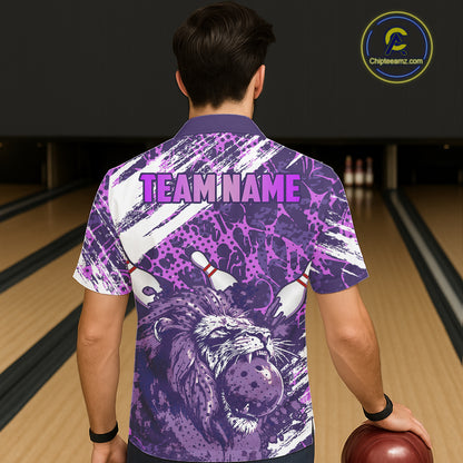 Purple Camo Lion Bowling Hawaiian Shirt Custom Lion Team Bowling Jerseys, Bowler Outfit NQS11604