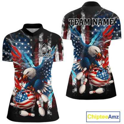 Personalized American Flag Eagle Lightning Thunder Women Bowling Team Shirts, Patriotic Bowling Gift NQS10834
