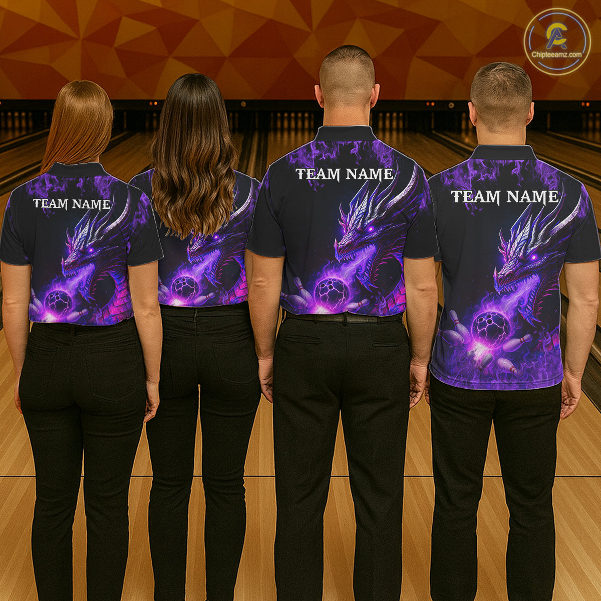 Black and Purple Flame Dragon Bowling Polo, 1/4 Zip Shirts For Men Custom Dragon Bowling Team Jerseys NQS11211