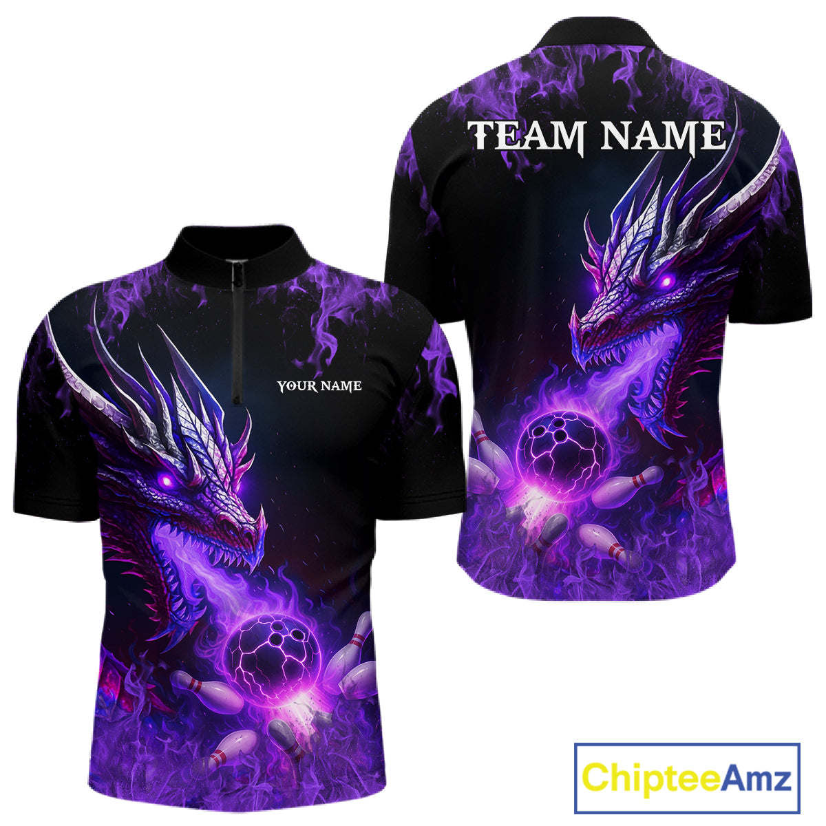 Black and Purple Flame Dragon Bowling Polo, 1/4 Zip Shirts For Men Custom Dragon Bowling Team Jerseys NQS11211