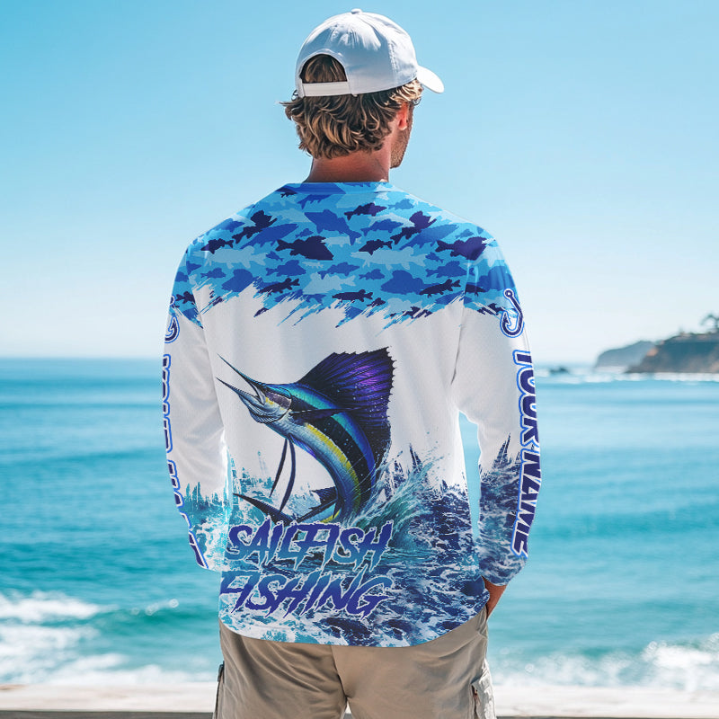 Sailfish fishing Blue sea camo Custom UV protection fishing long sleeve shirt, Sailfish Fishing jersey NQS9342