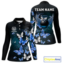Load image into Gallery viewer, Custom Blue Butterfly Bowling 1/4 zip, Polo Shirt For Women, Bowling Team Shirt With Butterflies NQS11612