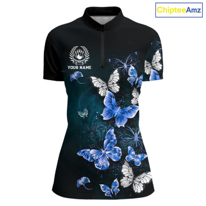 Custom Blue Butterfly Bowling 1/4 zip, Polo Shirt For Women, Bowling Team Shirt With Butterflies NQS11612