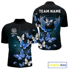 Load image into Gallery viewer, Custom Blue Butterfly Bowling Polo Shirt, 1/4 zip jersey For Men, Bowling Team Shirt With Butterflies NQS11612
