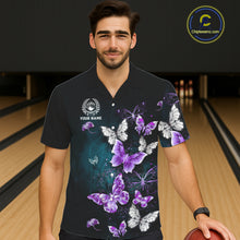 Load image into Gallery viewer, Custom Purple Butterfly Bowling Button-up Shirts, Hawaiian Bowling Team Shirt With Butterflies NQS11613