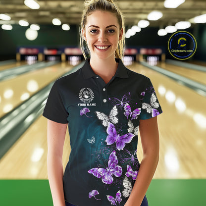 Custom Purple Butterfly Bowling Polo, 1/4 zip jerseys For Women, Bowling Team Shirt With Butterflies NQS11613