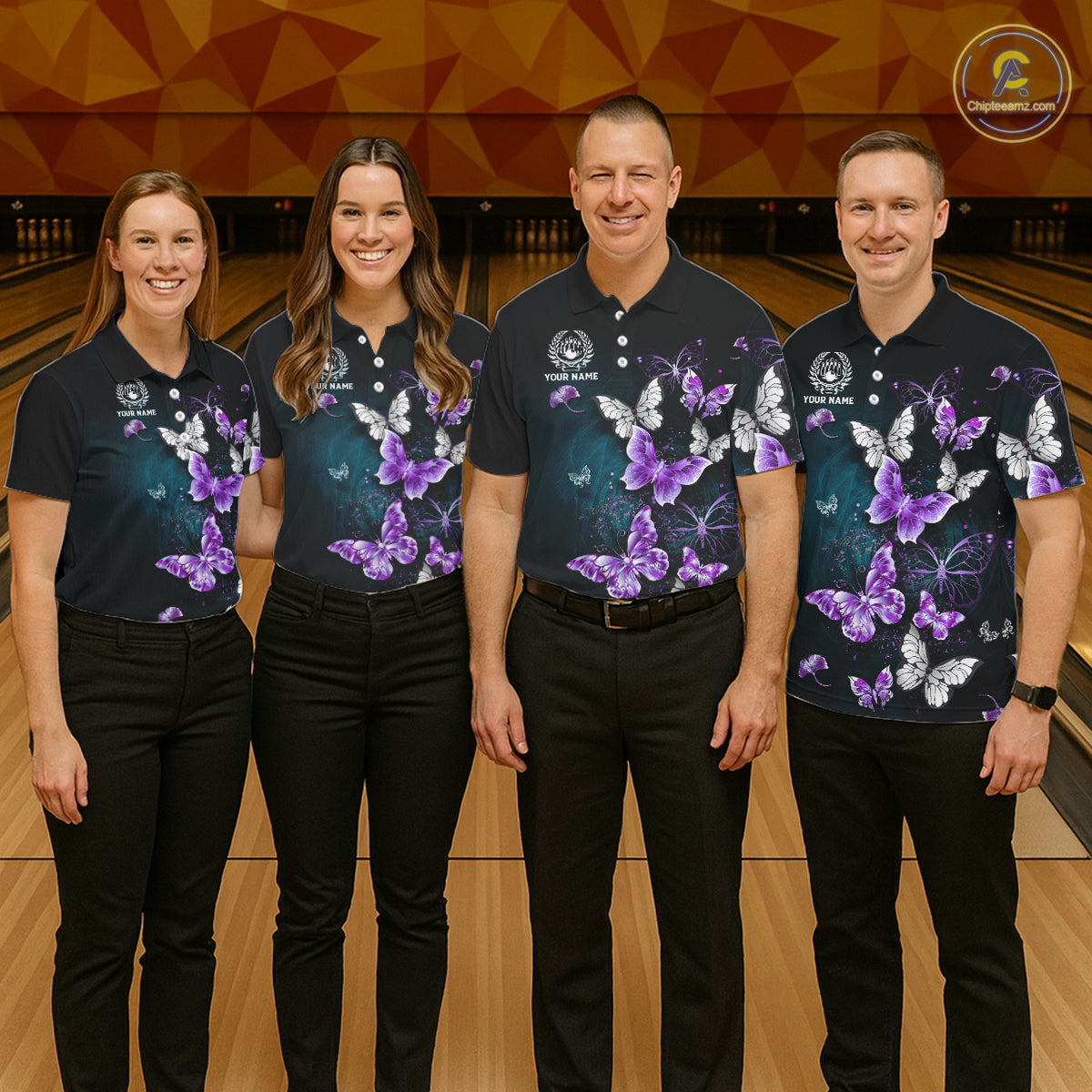 Custom Purple Butterfly Bowling Polo, 1/4 zip jerseys For Men, Bowling Team Shirt With Butterflies NQS11613