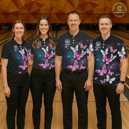 Custom Pink Butterfly Bowling Polo, 1/4 zip jerseys For Women, Bowling Team Shirt With Butterflies NQS11614