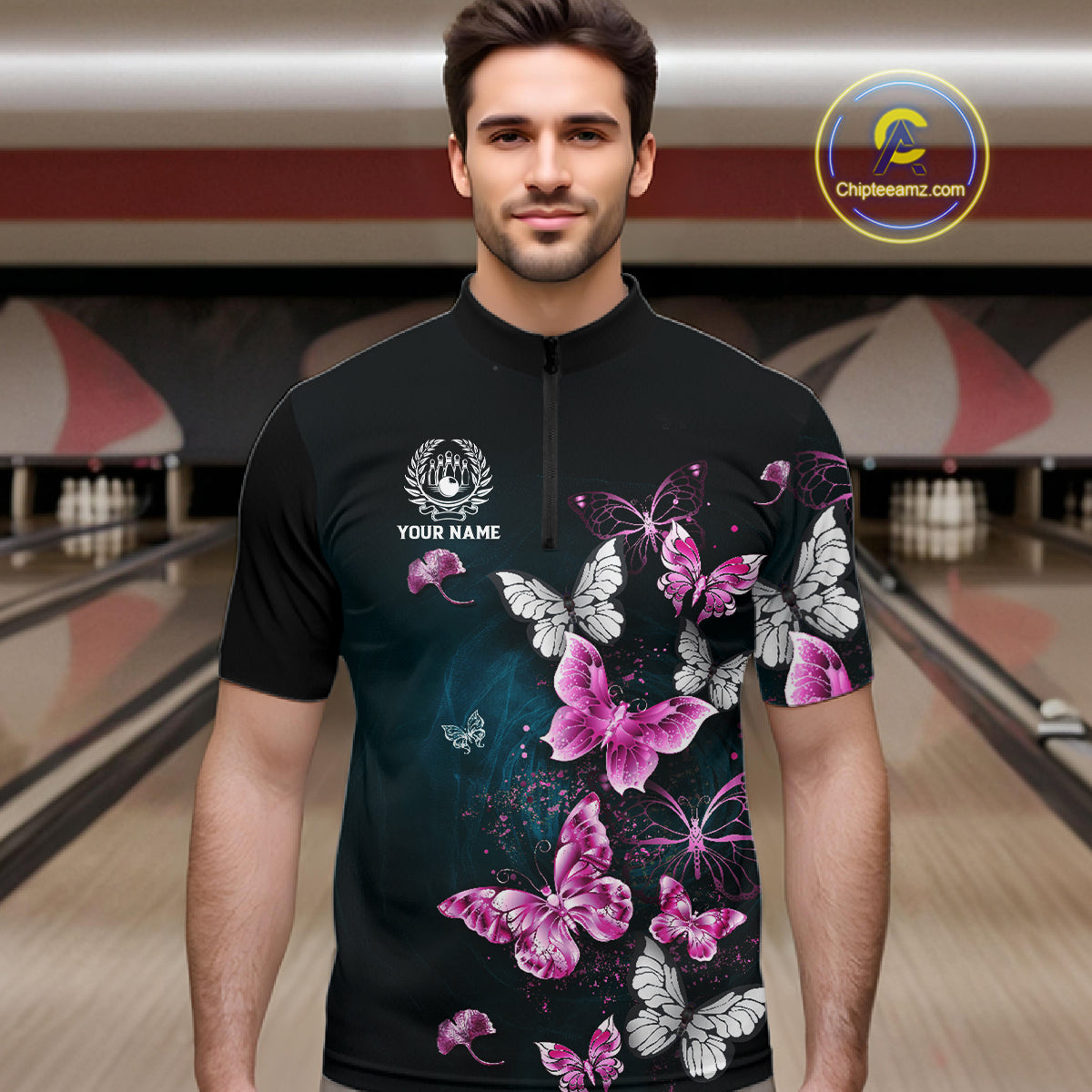 Custom Pink Butterfly Bowling Polo, 1/4 zip jerseys For Men, Bowling Team Shirt With Butterflies NQS11614