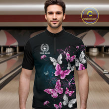Load image into Gallery viewer, Custom Pink Butterfly Bowling Polo, 1/4 zip jerseys For Men, Bowling Team Shirt With Butterflies NQS11614