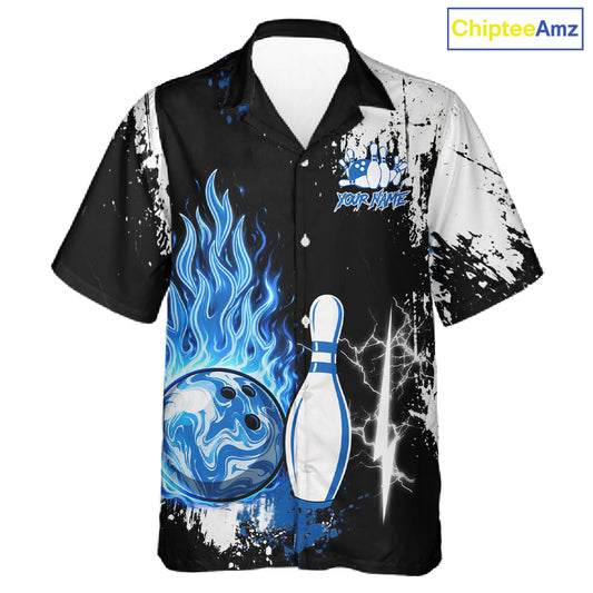 Custom Blue Flame Lightning Thunder Bowling Button-up shirt, black and white bowling team jerseys NQS11617