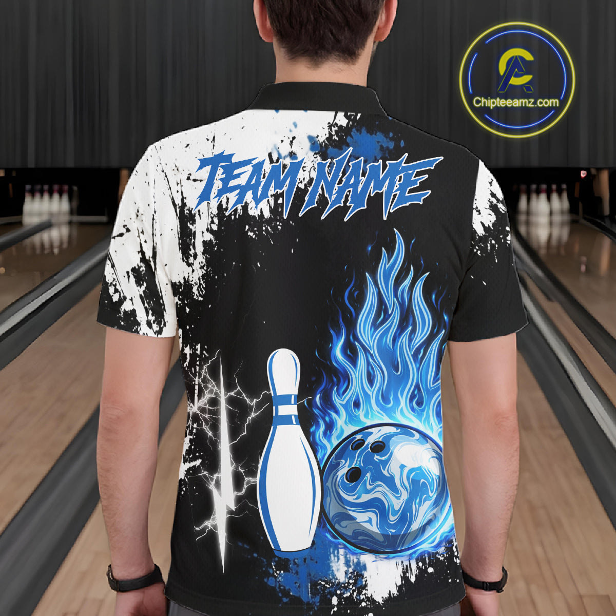 Custom Blue Flame Lightning Thunder Bowling shirts for Men, black and white bowling team jerseys NQS11617