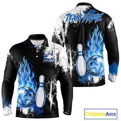 Custom Blue Flame Lightning Thunder Bowling shirts for Men, black and white bowling team jerseys NQS11617