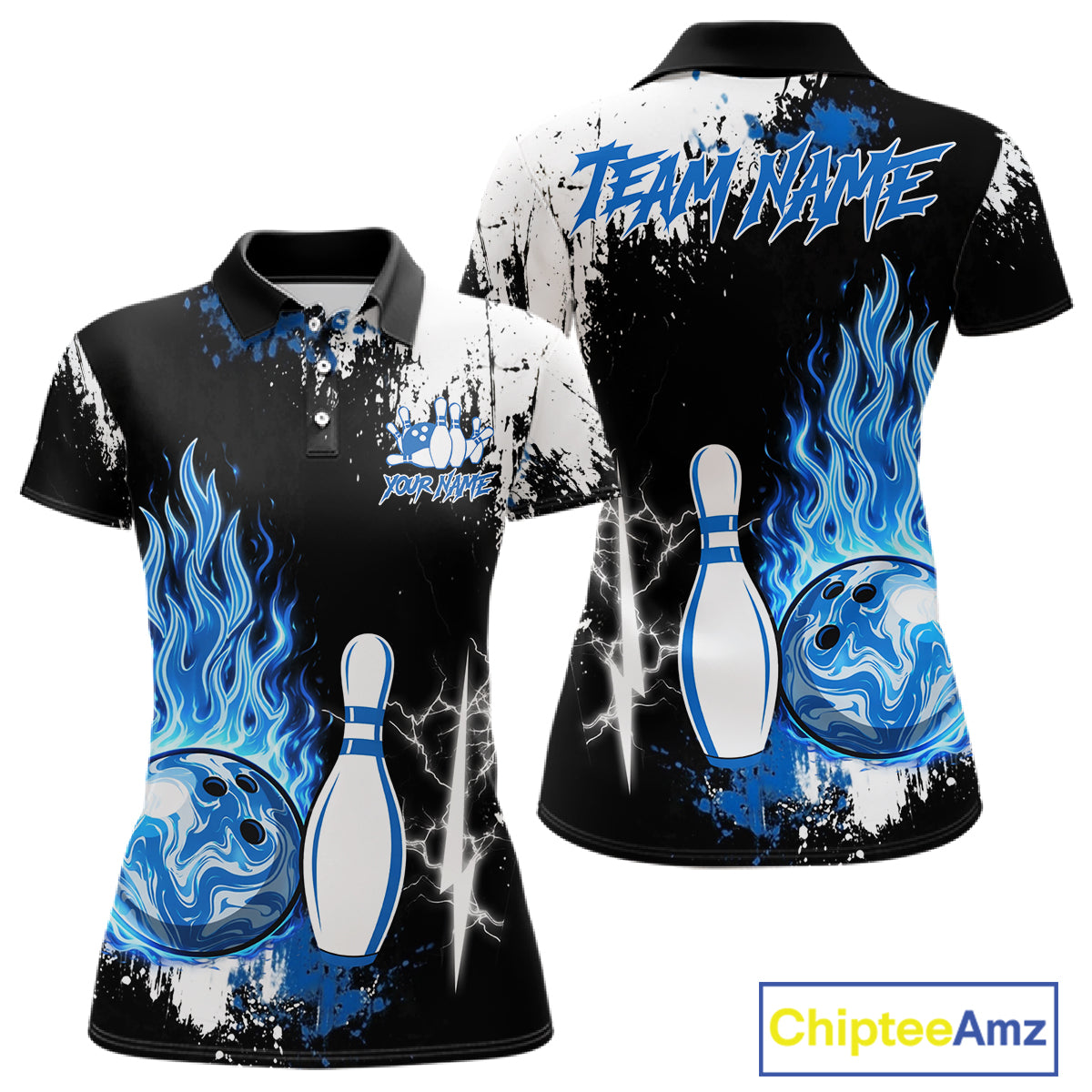 Custom Blue Flame Lightning Thunder Bowling shirts for Women, black and white bowling team jerseys NQS11617