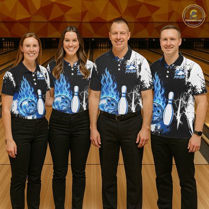 Custom Blue Flame Lightning Thunder Bowling shirts for Women, black and white bowling team jerseys NQS11617