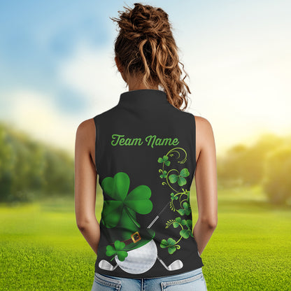 Green shamrock Lucky Women sleeveless polo golf shirts Custom St Patrick Day black team golf jerseys NQS9644