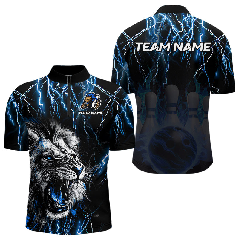 Black and Blue Lightning Thunder Lion Bowling Shirt For Men Custom Lion Bowling Team Jerseys NQS9645