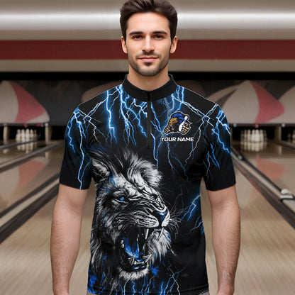 Black and Blue Lightning Thunder Lion Bowling Shirt For Men Custom Lion Bowling Team Jerseys NQS9645